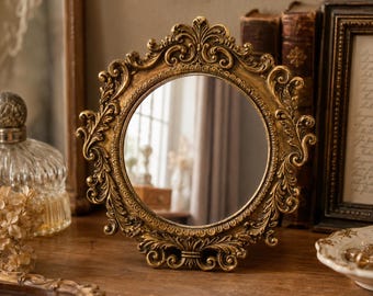 Small Gold Vintage Style Vanity Mirror, Antique Inspired Ornate Tabletop Mirror, Baroque Vanity Decor, Bedroom Shelf Decor Gift for Her