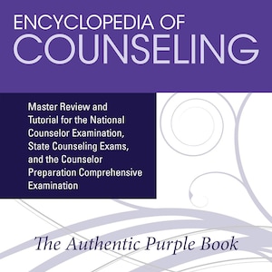 May include: The Encyclopedia of Counseling Fourth Edition by Howard Rosenthal, also known as The Authentic Purple Book, features a purple cover with white text, a Routledge logo, and a white lower section with light purple swirling line graphics.