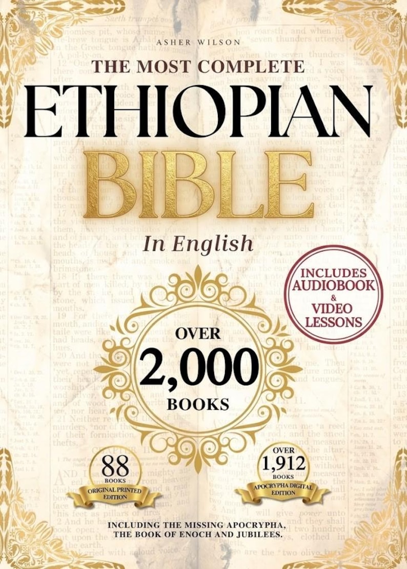 K&ouml;nnte beinhalten: Ein Buchcover mit dem Titel THE MOST COMPLETE ETHIOPIAN BIBLE In English von Asher Wilson. Es zeigt goldenen Text, ein dekoratives Emblem und Abzeichen, die darauf hinweisen, dass es ein H&ouml;rbuch, Videolektionen und &uuml;ber 2.000 B&uuml;cher enth&auml;lt.