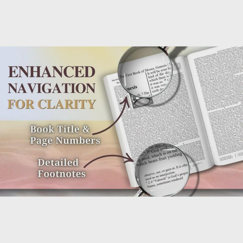 K&ouml;nnte beinhalten: Ein aufgeschlagenes Buch mit zwei Lupen, die Text hervorheben. Der Text lautet: ENHANCED NAVIGATION FOR CLARITY, Book Title & Page Numbers und Detailed Footnotes. Die Buchseiten enthalten dichte Spalten mit gedrucktem Text aus der Genesis.