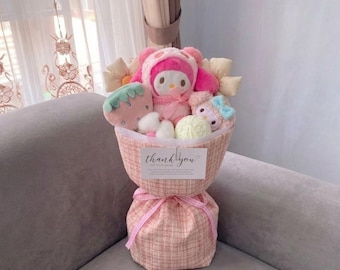 Plush Bouquet Gift for Her, Kawaii Bunny Strawberry Cotton Birthday Gift for Girlfriend, Forever Flowers Graduation Present