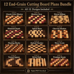 Paquete de 12 planos para tablas de cortar de madera de grano final en 3D, planos geométricos en PDF para carpintería, listas de corte y diagramas de encolado, planos en PDF para tablas de cortar de madera para bricolaje.