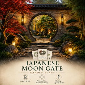 Japanse pdf met plattegronden maanpoort, cirkel ontwerpsjabloon tuin, plattegrond zentuin entree, landschapsplan achtertuin, afdrukbare gidskit achtertuin