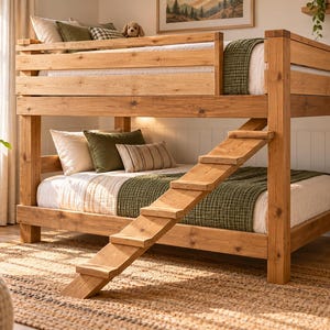 Può includere: Un letto a castello in legno con finitura marrone chiaro naturale, una struttura robusta con doghe orizzontali e una scala inclinata fissata. Entrambi i letti sono dotati di biancheria bianca, cuscini verde oliva e coperte.