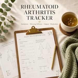 May include: A Rheumatoid Arthritis Tracker log on a wooden clipboard with a gold clip. The paper features sections for Daily RA Symptom Log, Pain & Stiffness Map, symptom overview, morning stiffness, fatigue, medication, and notes with a gold pen.