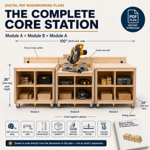May include: Digital PDF woodworking plans for The Complete Core Station, a modular miter saw station with three bolt-together cabinets, a centre saw well, and a fence and stop system. It measures 2540 mm wide, 610 mm deep, and 914 mm high.