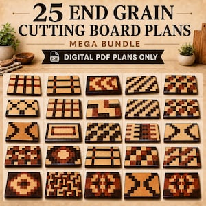 25 End Grain Cutting Board Plans Mega Bundle | 3D Woodworking PDF Plans | DIY Butcher Block Patterns | Cut Lists, Glue-Up & Bonus Templates