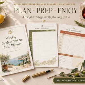 May include: A complete 7-page weekly Mediterranean meal planner with the text "PLAN • PREP • ENJOY". The planner includes a cover, weekly meal plan, and meal prep planner. The design features olive branches and a Mediterranean landscape.