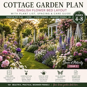 May include: A cottage garden plan featuring an English flower bed layout with a plant list, spacing, and care guide. The document includes 3 bed sizes, an installation guide, and a bloom calendar. It is a premium PDF plan for zones 4-8.