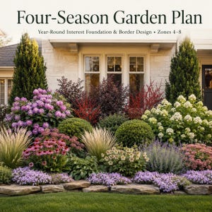 May include: A Four-Season Garden Plan guide featuring text and an image of a residential garden with purple rhododendrons, white hydrangeas, ornamental grasses, and various shrubs planted in front of a house with stone walls and windows.