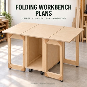 May include: A light-colored wooden folding workbench with a central storage compartment and two hinged side panels supported by rectangular legs on casters. The text FOLDING WORKBENCH PLANS 2 SIZES DIGITAL PDF DOWNLOAD is displayed above the workbench.