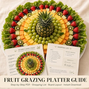 May include: A circular fruit grazing platter featuring a central pineapple surrounded by concentric rings of green grapes, melon cubes, kiwi slices, blueberries, and strawberries, all framed by a lettuce border, with two instructional cards.