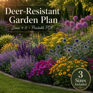 May include: A digital garden plan titled Deer-Resistant Garden Plan, Zones 4-8, Printable PDF, 3 Sizes Included. The image displays a vibrant flower bed with purple alliums, yellow yarrow, blue globe thistles, purple salvia, and yellow daisies.