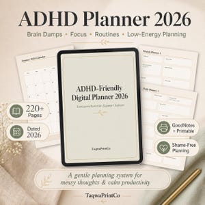 Puede incluir: Un planificador digital ADHD-Friendly 2026 con más de 220 páginas, fechado en 2026. Incluye secciones para ideas, enfoque, rutinas y planificación de baja energía. Diseñado para GoodNotes e imprimible.