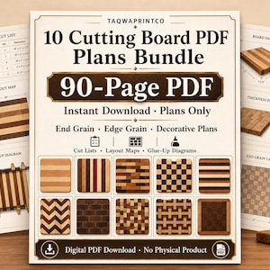 Könnte beinhalten: Ein 90-seitiges digitales PDF-Paket mit dem Titel 10 Cutting Board PDF Plans Bundle von TAQWAPRINTCO. Das Dokument enthält Text, Diagramme und Illustrationen von zehn verschiedenen Schneidebrett-Designs aus Holz mit diversen Maserungen.