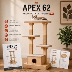 Könnte beinhalten: Der robuste Apex 62 Katzenkratzbaum verfügt über ein mehrstufiges Design mit Teppichplattformen, Sisalstämmen und einer Basisbox. Das Set enthält 47 Seiten mit Schritt-für-Schritt-Anleitungen, 1:1-Vorlagen und Diagrammen für den Aufbau.