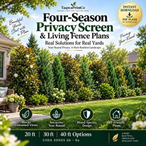 Privacy Garden Plan PDF, Evergreen Living Fence Layouts for 20/30/40 Ft, Zones 6b–8a