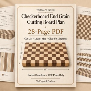 Checkerboard End Grain Cutting Board Plan PDF, Checkered Woodworking Plan, Cut List, Layout Map & Glue-Up Diagrams