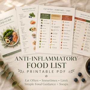 May include: A collection of printed guides titled "Anti-Inflammatory Food List" and "Anti-Inflammatory Food Guide." The guides feature lists of foods, including vegetables, fruits, and healthy swaps. A bowl of blueberries is also present.
