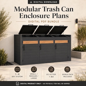 Puede incluir: Una descarga digital para planos de cerramiento modular de basura con una estructura gris oscuro de tres compartimentos, listones horizontales, detalles en madera y tapas abatibles. El texto dice Modular Trash Can Enclosure Plans, Digital PDF Bundle, 1-4 Bay System, Small/Medium/Large, US Letter + A4, Bonus Pack Included y Digital Product Only.