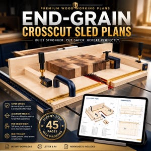 May include: A wooden end-grain crosscut sled for a table saw, featuring a light-colored plywood base, a tall fence, black hold-down clamps, and a dark handle. A tablet displays technical diagrams, exploded views, and dimensions for the project.