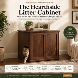 Puede incluir: Un mueble para arenero de gato en madera oscura con dos puertas y entrada lateral, con el texto: The Hearthside Litter Cabinet, A full-size cat litter enclosure that actually fits your litter box. Dimensiones finales 88,9 cm x 81,9 cm x 92,7 cm.