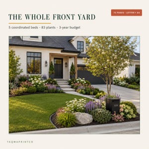 May include: A digital guide titled THE WHOLE FRONT YARD featuring 72 pages in Letter and A4 sizes. The cover displays a white brick house with a black door, a green lawn, and a garden with various plants, shrubs, and a black mailbox labeled 1234.