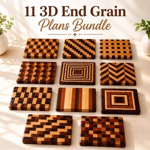 Puede incluir: Once tablas de cortar rectangulares de madera con patrones de grano final, dispuestas en cuadrícula. Las tablas presentan varios diseños geométricos que incluyen cubos, rayas, cuadrados y chevrones. El texto dice 11 3D End Grain Plans Bundle.