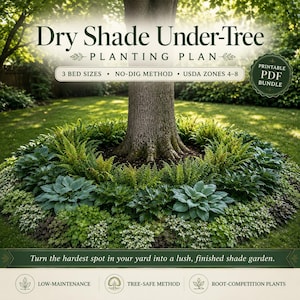 May include: A printable PDF bundle titled Dry Shade Under-Tree Planting Plan. The graphic features a tree surrounded by a lush garden of ferns and hostas, with text detailing 3 bed sizes, no-dig method, and USDA zones 4-8 for shade gardens.
