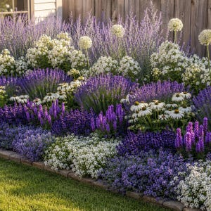 May include: A garden bed featuring a dense arrangement of purple lavender, white coneflowers, and small white alyssum flowers. The plants are layered in height, with tall purple spikes and round white allium blooms against a wooden fence.