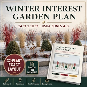 May include: A digital garden plan titled Winter Interest Garden Plan for a 24 ft x 10 ft area in USDA zones 4-8. The graphic features a snowy landscape with red-stemmed shrubs, grasses, and evergreens, alongside a PDF booklet showing a 32-plant layout.