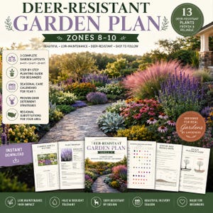 May include: A digital garden plan guide titled DEER-RESISTANT GARDEN PLAN ZONES 8-10, featuring a stone path through a colorful flower garden. Includes 13 plant profiles, 3 complete layouts, seasonal care calendars, and step-by-step planting guides.