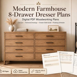 8-Drawer Dresser Woodworking Plans, Modern Farmhouse DIY Dresser PDF, Bedroom Furniture Plans with Cut List & Drawer Slide Guide