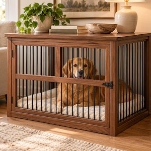 Puede incluir: Una jaula rectangular de madera para perros con acabado marrón oscuro y barrotes metálicos negros verticales. La jaula cuenta con una puerta frontal abatible con un pestillo negro y contiene un cojín rectangular de color crema con un perro.
