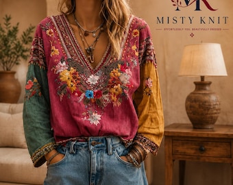 Damesblouse van linnen met V-hals, bedrukte boho tuniek, comfortabele zomerblouse
