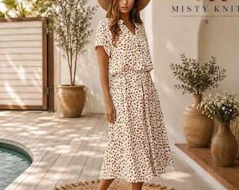 100% Cotton Midi Dress, Button Front, Short Sleeve, Boho Summer Sundress