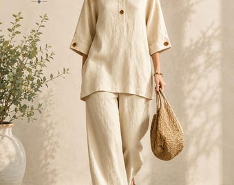 Women's Two Piece Wide Leg Pants Set, Button Front Top, Summer Resort Wear