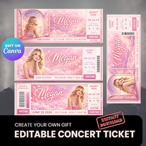 May include: A set of four pink concert ticket templates featuring a blonde person in a pink dress, a window frame, and clouds. The text includes the name Megan, the date 06.22.24, section B, row 7, seat 15, and the ticket number 145748 on each design.