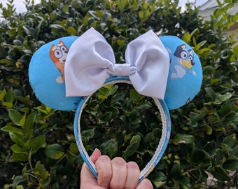 Bluey-Inspired Mouse Ears with White Satin Bow | Handmade Character-Inspired Headband