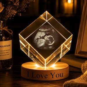Personalized Baby Ultrasound Crystal Ball Night Light, Custom Sonogram Lamp With Engraved Wood Base, Baby Keepsake Gift, Ultrasound Gifts