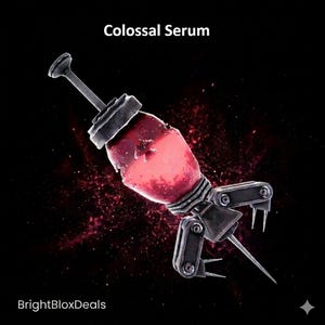 Op de afbeelding: Een futuristische spuit met een rode vloeistof erin, met het label "Colossal Serum". De spuit heeft een metaal grijs ontwerp met een naald en mechanische componenten. De achtergrond is donker met rode deeltjes.