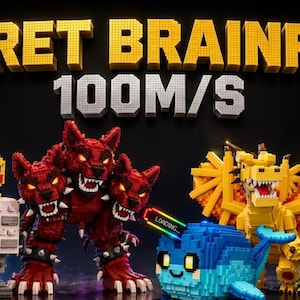 Può includere: Immagine di arte digitale con varie creature e strutture pixelate e squadrate. Il testo "SECRET BRAINROT 100M/S" è visualizzato in alto. Le creature includono un coniglio, un pollo, un cane a tre teste, un drago, una balena e una casa.