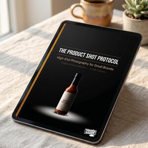 May include: A tablet displays a book cover titled "THE PRODUCT SHOT PROTOCOL" with the subtitle "High-End Photography for Small Brands." The cover features a bottle of "ARTISAN HOT SAUCE" under a spotlight. A coffee mug and a small potted plant are in the background.