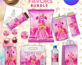 May include: A digital 11-in-1 party favor bundle featuring pink Barbie-themed designs for a 4th birthday. Includes labels for chip bags, juice pouches, chocolate bars, water bottles, gable boxes, and gift bags, all displaying the name Tracy.