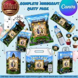 May include: A complete Minecraft party pack bundle featuring custom labels and wrappers for chip bags, juice pouches, water bottles, chocolate bars, gable boxes, and cupcake toppers. Each item displays a pixelated landscape and the name Andrew.