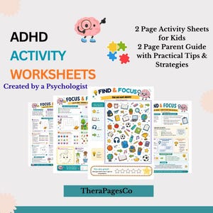 Puede incluir: Hojas de actividades para TDAH que incluyen un set de 2 páginas para niños y una guía para padres de 2 páginas con consejos prácticos. Las páginas contienen juegos de Find & Focus con ilustraciones coloridas de útiles escolares y deportes.