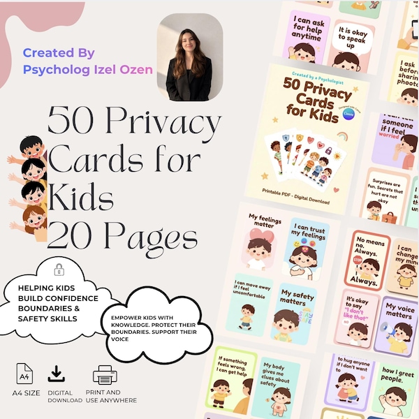 50 Cartões de Privacidade para Crianças | Atividades sobre Segurança Corporal, Consentimento e Limites | PDF Imprimível sobre Segurança Infantil | Psicólogo | Download Digital | 20 Páginas