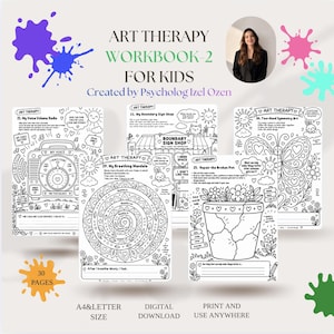 Op de afbeelding: Een kunsttherapie-werkboek voor kinderen met 30 pagina's aan zwart-wit oefenbladen. De pagina's bevatten illustraties van een stemvolume-radio, een ademhalingsmandala, een grensbordenwinkel, een gebroken pot en vlinder-symmetrie-kunst.