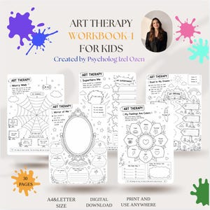 Könnte beinhalten: Ein Kunsttherapie-Arbeitsbuch für Kinder mit 30 Seiten schwarz-weißen Übungsblättern. Das Cover zeigt den Titel Art Therapy Workbook-1 for Kids, erstellt von Psycholog Izel Ozen, mit bunten Farbspritzern und einem kreisförmigen Porträt.
