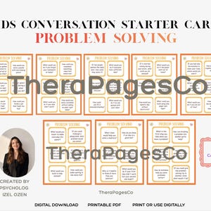 May include: A set of 48 Kids Conversation Starter Cards focused on problem solving, featuring orange-bordered cards with text prompts, a circular portrait of psychologist Izel Ozen, and the text labels Kids Conversation Starter Cards and 48 Cards.